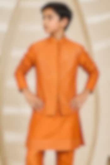 Orange Chanderi Silk Sequin Embroidered Nehru Jacket Set For Boys by Sarab Khanijou Kids at Pernia's Pop Up Shop