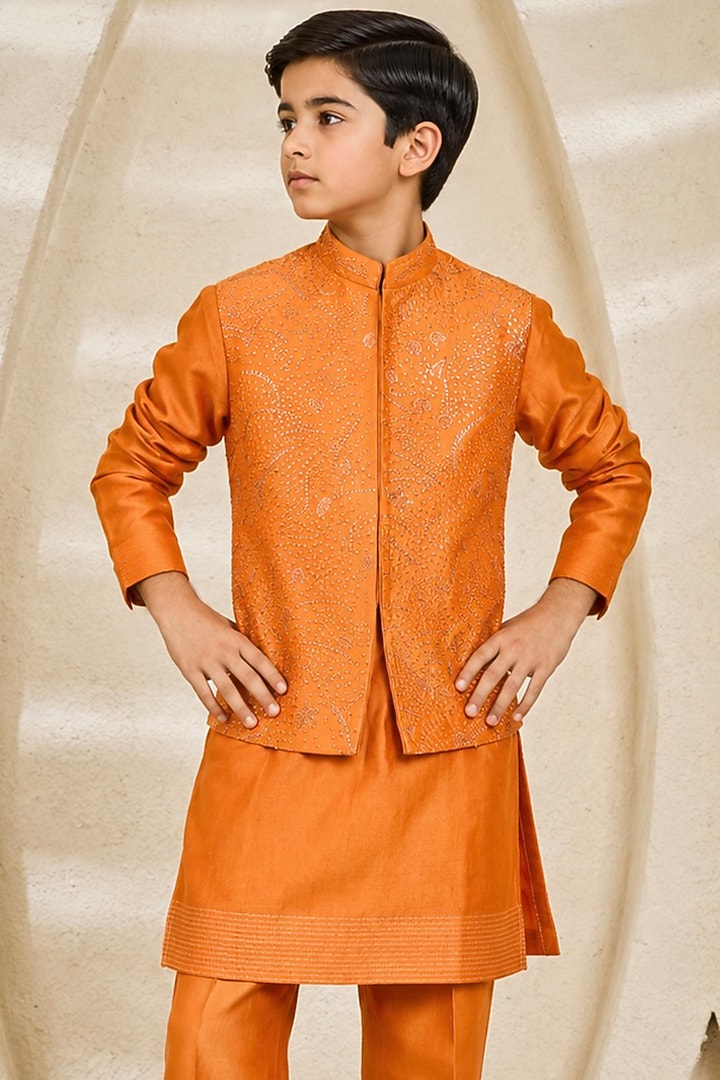 Orange Chanderi Silk Sequin Embroidered Nehru Jacket Set For Boys by Sarab Khanijou Kids at Pernia's Pop Up Shop
