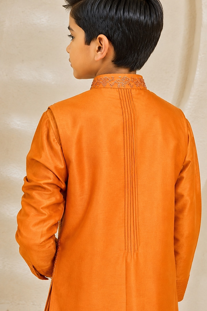 Orange Chanderi Silk Sequin Embroidered Nehru Jacket Set For Boys by Sarab Khanijou Kids at Pernia's Pop Up Shop