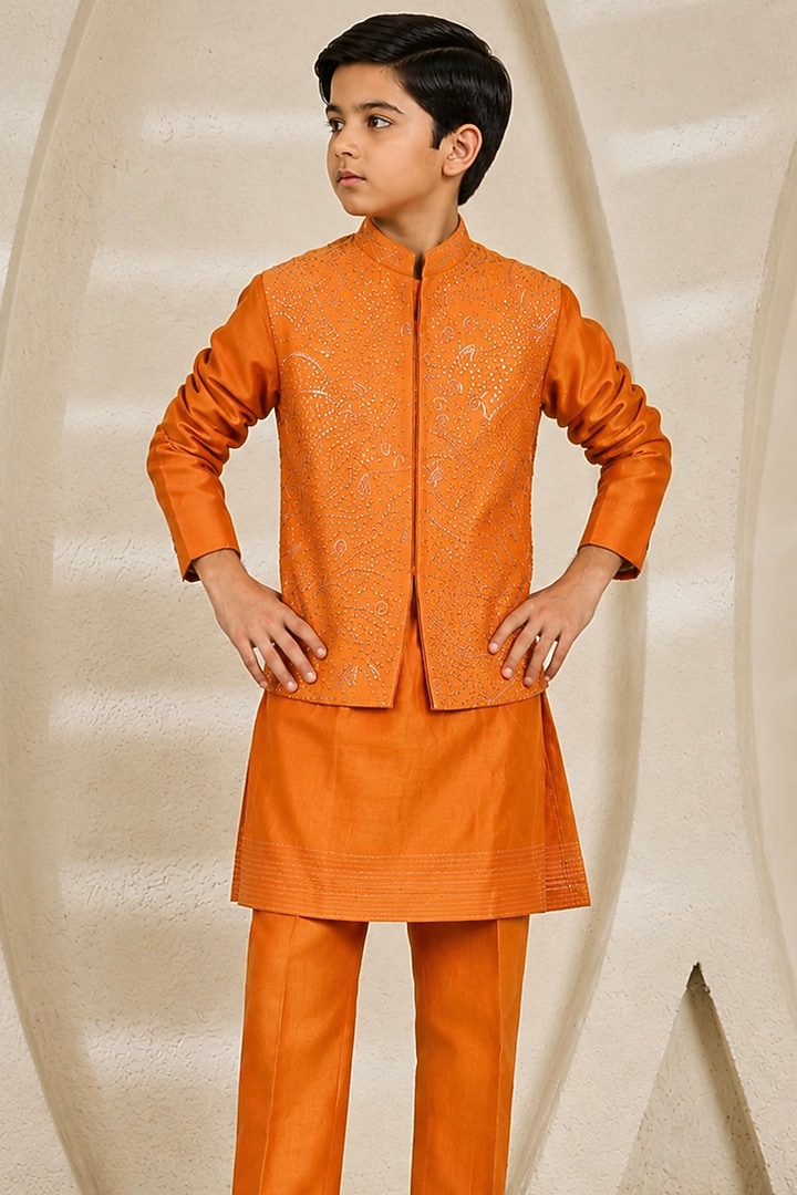 Orange Chanderi Silk Sequin Embroidered Nehru Jacket Set For Boys by Sarab Khanijou Kids at Pernia's Pop Up Shop