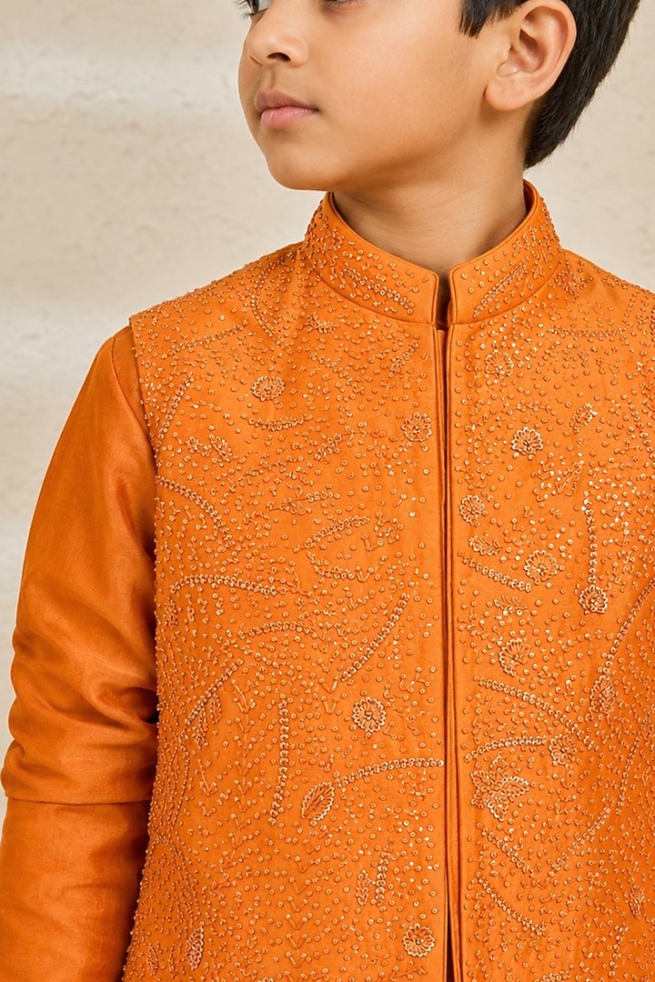 Orange Chanderi Silk Sequin Embroidered Nehru Jacket Set For Boys by Sarab Khanijou Kids at Pernia's Pop Up Shop