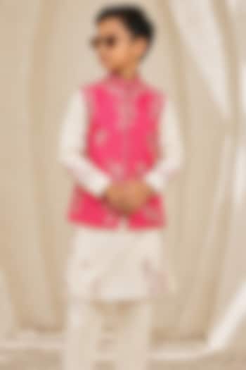 Rose Pink Chanderi Silk Silk Thread Embroidered Nehru Jacket Set For Boys by Sarab Khanijou Kids at Pernia's Pop Up Shop