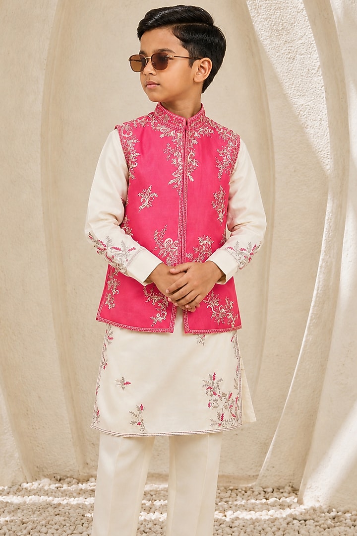 Rose Pink Chanderi Silk Silk Thread Embroidered Nehru Jacket Set For Boys by Sarab Khanijou Kids at Pernia's Pop Up Shop
