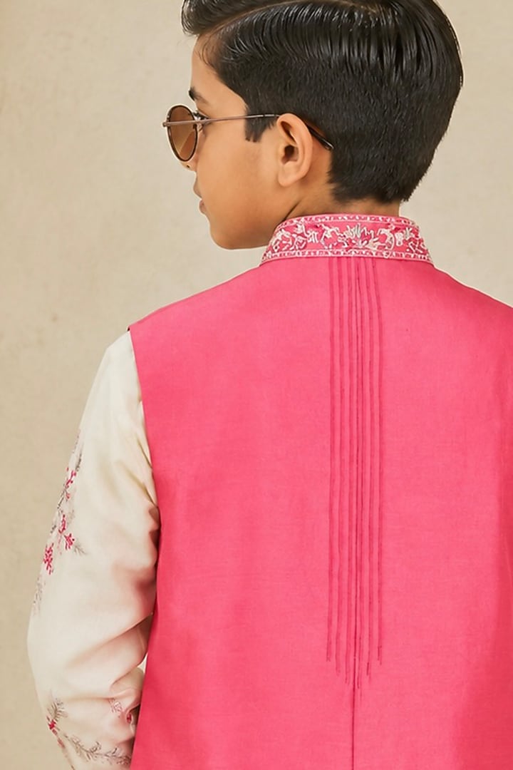 Rose Pink Chanderi Silk Silk Thread Embroidered Nehru Jacket Set For Boys by Sarab Khanijou Kids at Pernia's Pop Up Shop