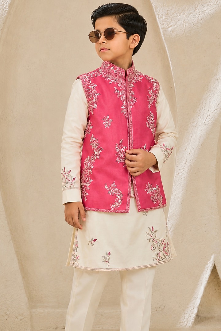 Rose Pink Chanderi Silk Silk Thread Embroidered Nehru Jacket Set For Boys by Sarab Khanijou Kids at Pernia's Pop Up Shop