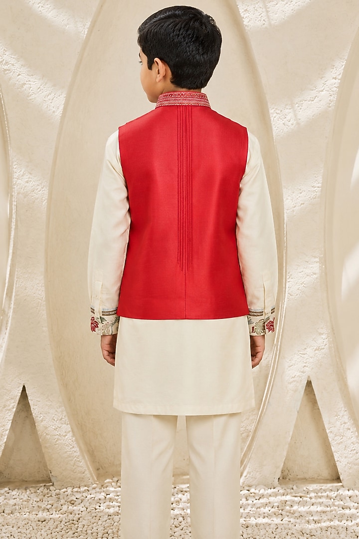 Ivory Chanderi Silk Silk Thread Embroidered Nehru Jacket Set For Boys by Sarab Khanijou Kids at Pernia's Pop Up Shop