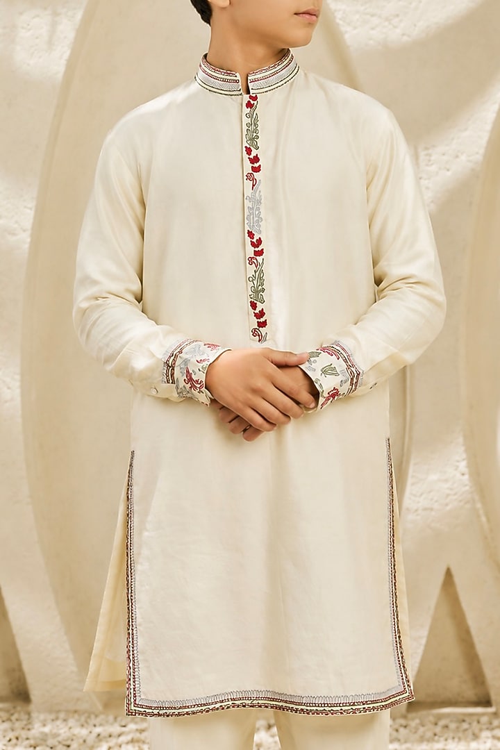 Ivory Chanderi Silk Silk Thread Embroidered Nehru Jacket Set For Boys by Sarab Khanijou Kids at Pernia's Pop Up Shop