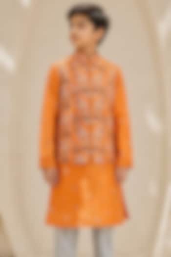 Orange Chanderi Silk Embroidered Nehru Jacket Set For Boys by Sarab Khanijou Kids at Pernia's Pop Up Shop