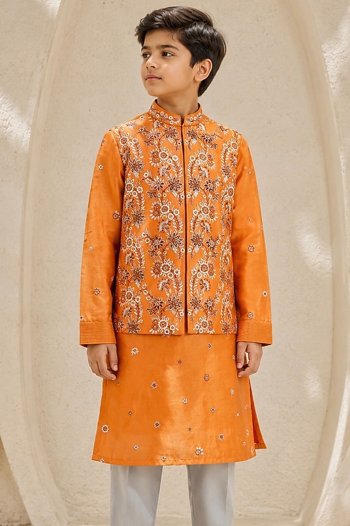 Orange Chanderi Silk Embroidered Nehru Jacket Set For Boys by Sarab Khanijou Kids at Pernia's Pop Up Shop