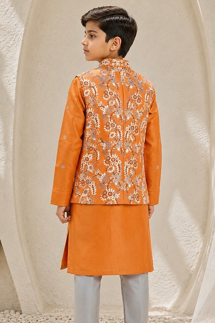 Orange Chanderi Silk Embroidered Nehru Jacket Set For Boys by Sarab Khanijou Kids at Pernia's Pop Up Shop