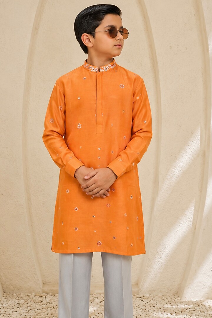 Orange Chanderi Silk Embroidered Nehru Jacket Set For Boys by Sarab Khanijou Kids at Pernia's Pop Up Shop