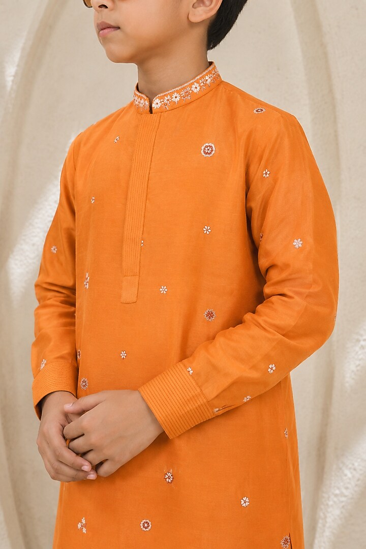 Orange Chanderi Silk Embroidered Nehru Jacket Set For Boys by Sarab Khanijou Kids at Pernia's Pop Up Shop