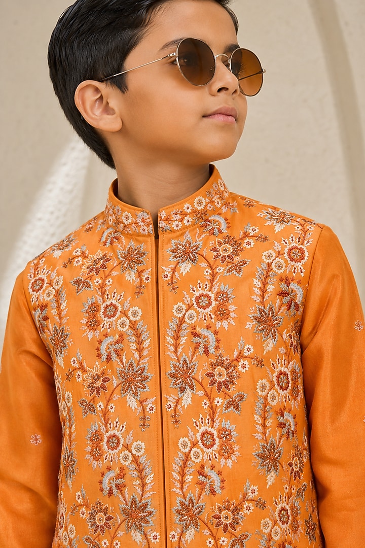 Orange Chanderi Silk Embroidered Nehru Jacket Set For Boys by Sarab Khanijou Kids at Pernia's Pop Up Shop