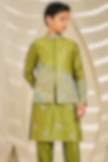 Green Chanderi Silk Sequin Embroidered Nehru Jacket Set For Boys by Sarab Khanijou Kids at Pernia's Pop Up Shop