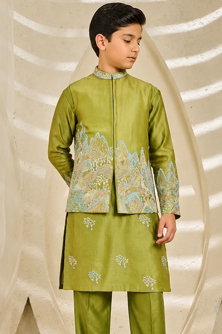 Green Chanderi Silk Sequin Embroidered Nehru Jacket Set For Boys by Sarab Khanijou Kids at Pernia's Pop Up Shop