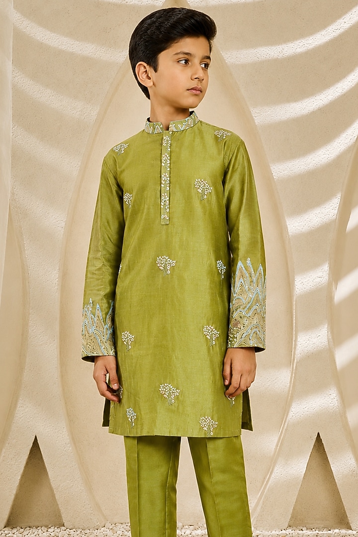 Green Chanderi Silk Sequin Embroidered Nehru Jacket Set For Boys by Sarab Khanijou Kids at Pernia's Pop Up Shop