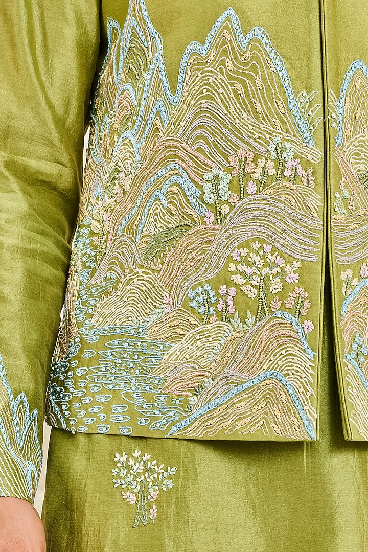 Green Chanderi Silk Sequin Embroidered Nehru Jacket Set For Boys by Sarab Khanijou Kids at Pernia's Pop Up Shop
