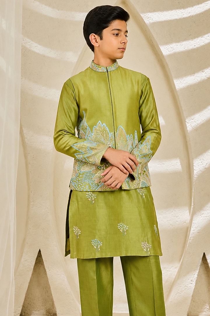 Green Chanderi Silk Sequin Embroidered Nehru Jacket Set For Boys by Sarab Khanijou Kids at Pernia's Pop Up Shop