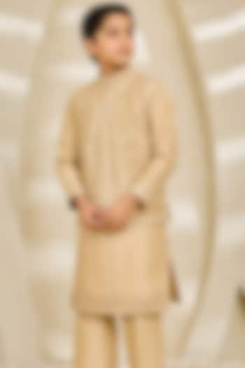 Beige Chanderi Silk Moti Embroidered Nehru Jacket Set For Boys by Sarab Khanijou Kids at Pernia's Pop Up Shop