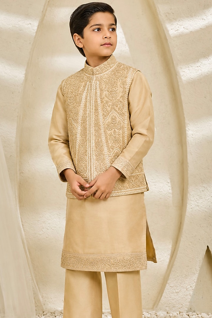Beige Chanderi Silk Moti Embroidered Nehru Jacket Set For Boys by Sarab Khanijou Kids at Pernia's Pop Up Shop