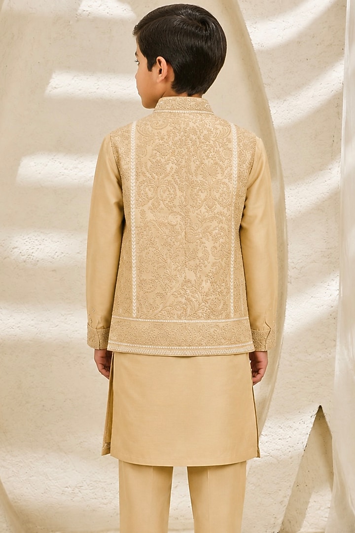 Beige Chanderi Silk Moti Embroidered Nehru Jacket Set For Boys by Sarab Khanijou Kids at Pernia's Pop Up Shop