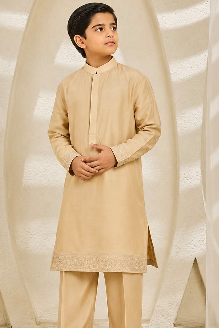 Beige Chanderi Silk Moti Embroidered Nehru Jacket Set For Boys by Sarab Khanijou Kids at Pernia's Pop Up Shop