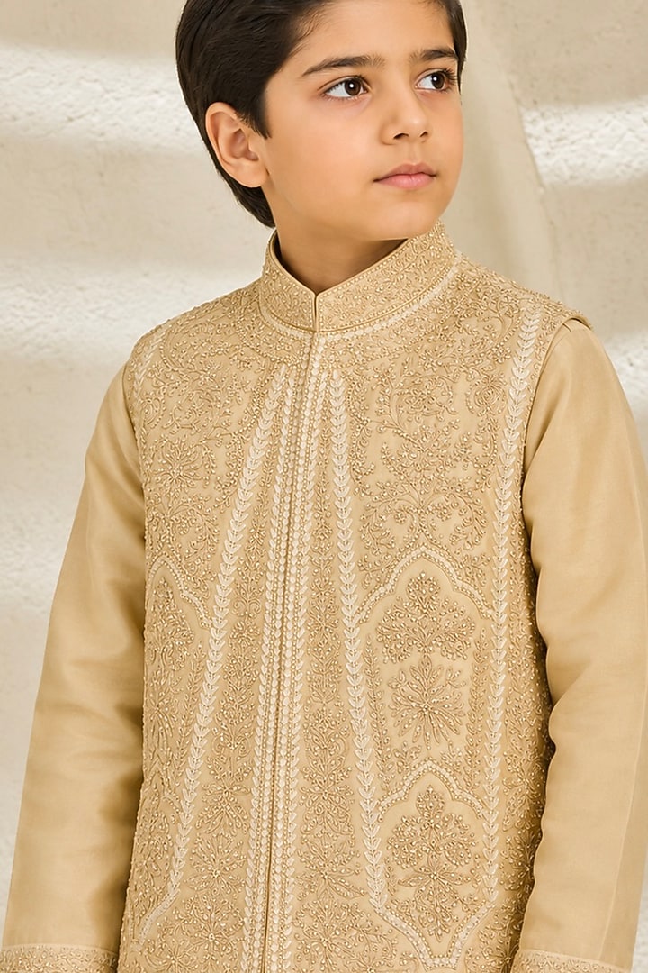 Beige Chanderi Silk Moti Embroidered Nehru Jacket Set For Boys by Sarab Khanijou Kids at Pernia's Pop Up Shop