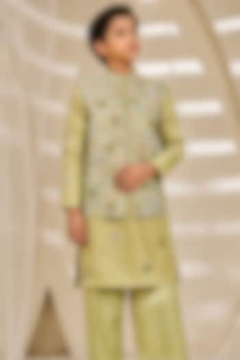 Mint Green Chanderi Silk Cutdana Embroidered Nehru Jacket Set For Boys by Sarab Khanijou Kids at Pernia's Pop Up Shop