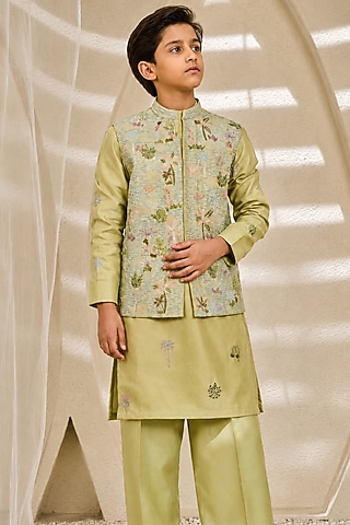 Mint Green Chanderi Silk Cutdana Embroidered Nehru Jacket Set For Boys by Sarab Khanijou Kids