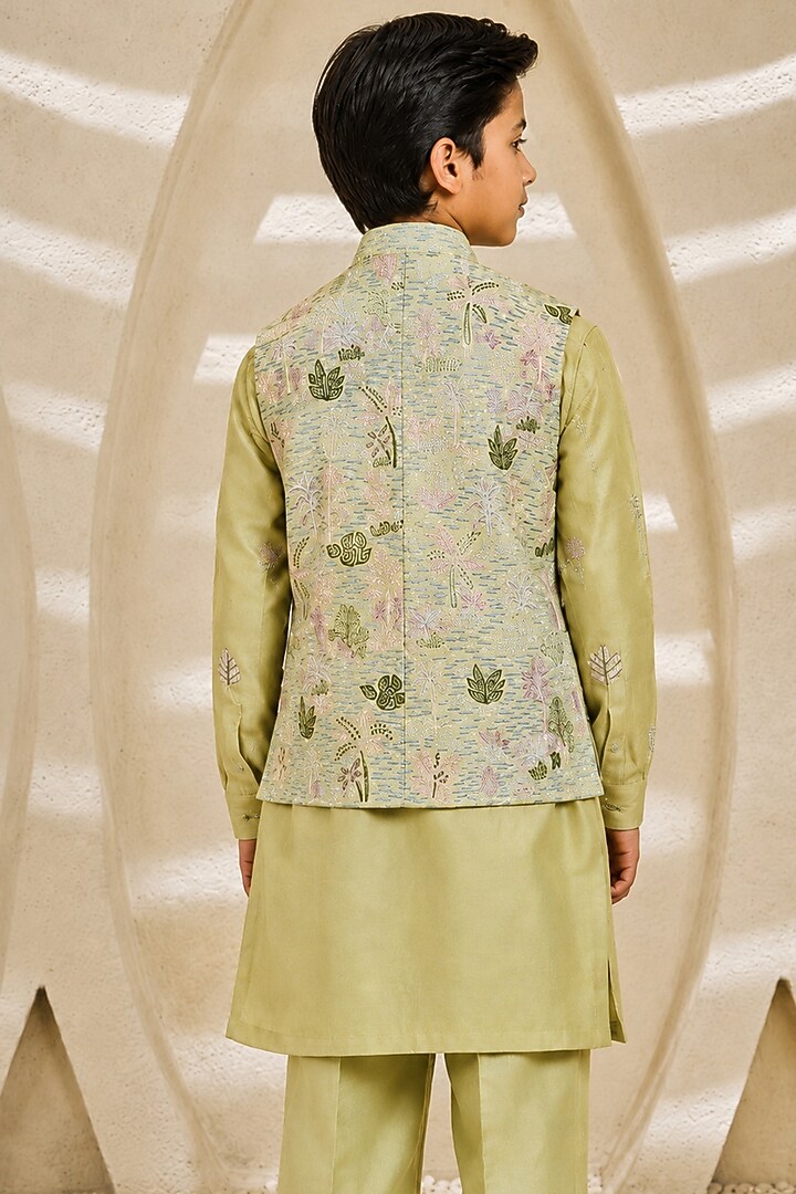 Mint Green Chanderi Silk Cutdana Embroidered Nehru Jacket Set For Boys by Sarab Khanijou Kids at Pernia's Pop Up Shop