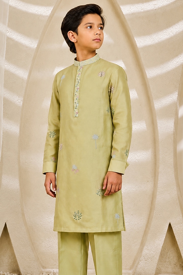 Mint Green Chanderi Silk Cutdana Embroidered Nehru Jacket Set For Boys by Sarab Khanijou Kids at Pernia's Pop Up Shop