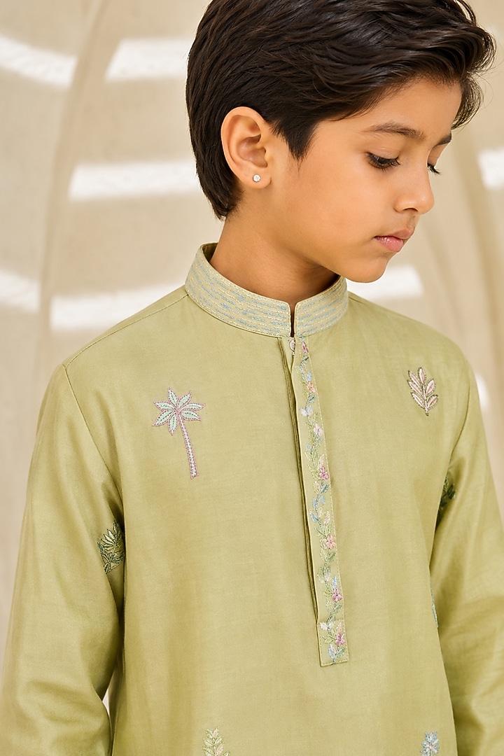 Mint Green Chanderi Silk Cutdana Embroidered Nehru Jacket Set For Boys by Sarab Khanijou Kids at Pernia's Pop Up Shop