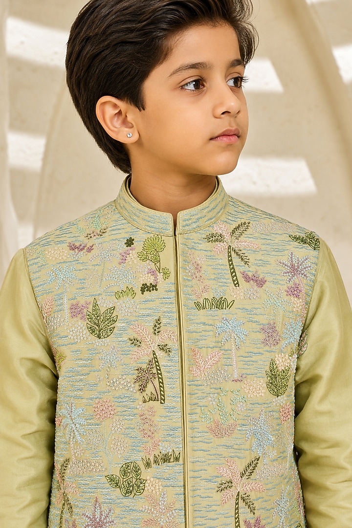 Mint Green Chanderi Silk Cutdana Embroidered Nehru Jacket Set For Boys by Sarab Khanijou Kids at Pernia's Pop Up Shop