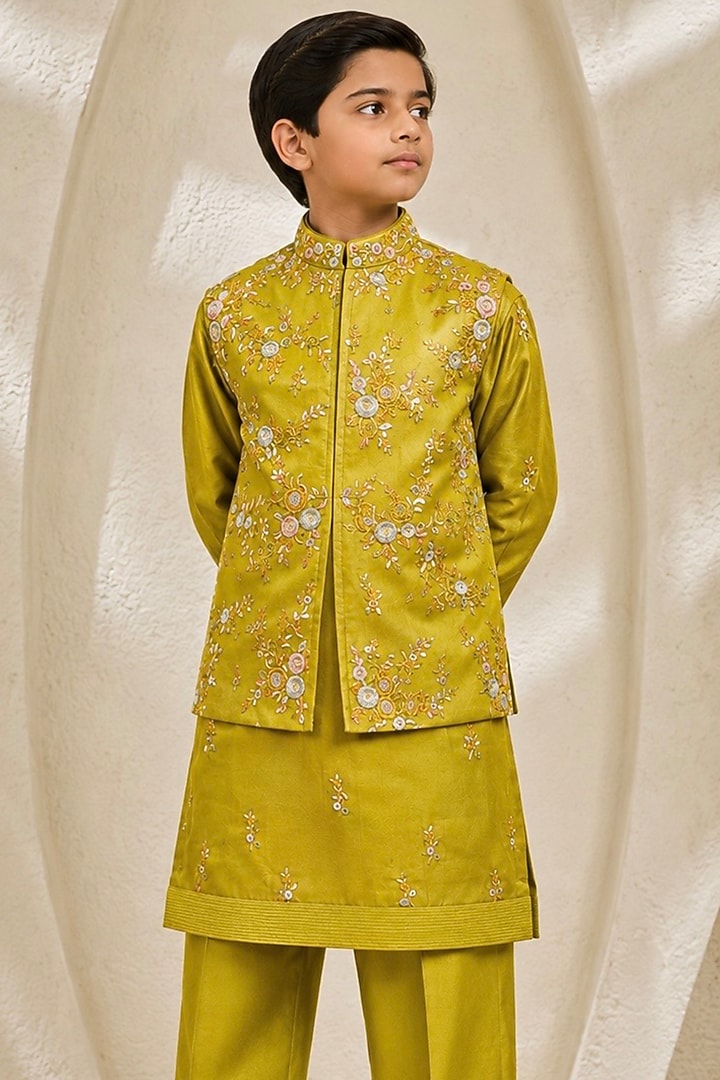 Lime Green Chanderi Silk Floral Embroidered Nehru Jacket Set For Boys by Sarab Khanijou Kids at Pernia's Pop Up Shop