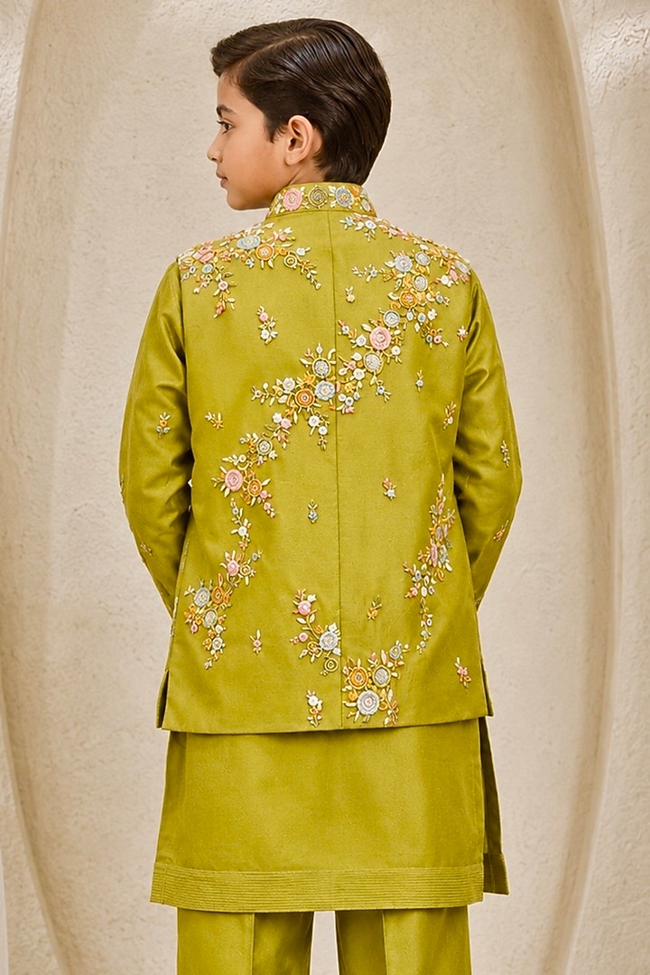 Lime Green Chanderi Silk Floral Embroidered Nehru Jacket Set For Boys by Sarab Khanijou Kids at Pernia's Pop Up Shop