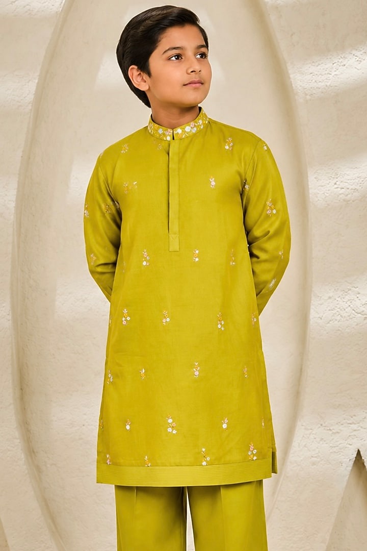 Lime Green Chanderi Silk Floral Embroidered Nehru Jacket Set For Boys by Sarab Khanijou Kids at Pernia's Pop Up Shop
