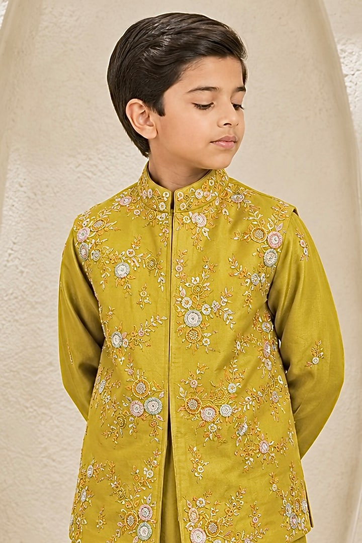 Lime Green Chanderi Silk Floral Embroidered Nehru Jacket Set For Boys by Sarab Khanijou Kids at Pernia's Pop Up Shop