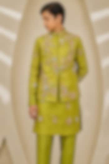 Parrot Green Chanderi Silk Floral Embroidered Nehru Jacket Set For Boys by Sarab Khanijou Kids at Pernia's Pop Up Shop