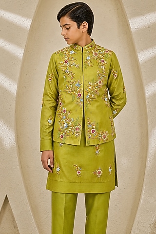 Parrot Green Chanderi Silk Floral Embroidered Nehru Jacket Set For Boys by Sarab Khanijou Kids