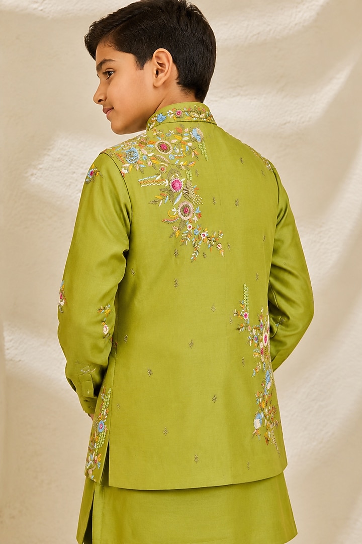 Parrot Green Chanderi Silk Floral Embroidered Nehru Jacket Set For Boys by Sarab Khanijou Kids at Pernia's Pop Up Shop