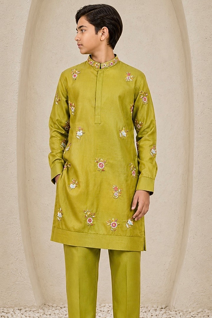 Parrot Green Chanderi Silk Floral Embroidered Nehru Jacket Set For Boys by Sarab Khanijou Kids at Pernia's Pop Up Shop