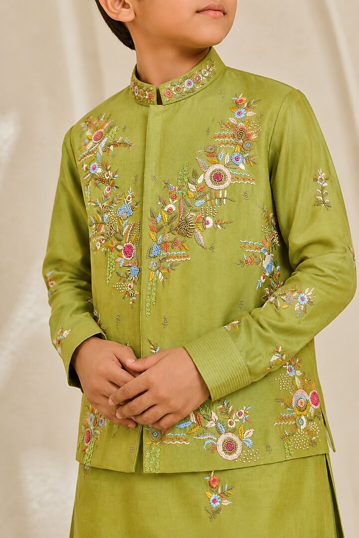 Parrot Green Chanderi Silk Floral Embroidered Nehru Jacket Set For Boys by Sarab Khanijou Kids at Pernia's Pop Up Shop