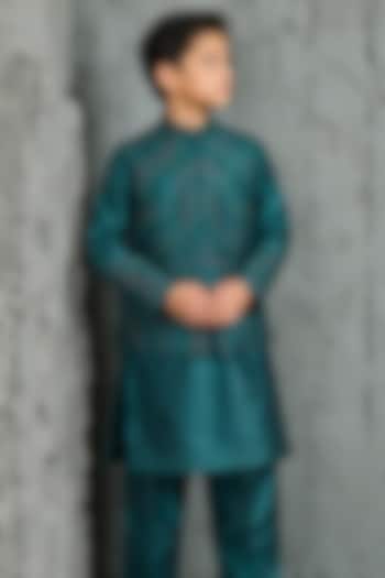 Forest Green Chanderi Silk Embroidered Nehru Jacket Set For Boys by Sarab Khanijou Kids at Pernia's Pop Up Shop