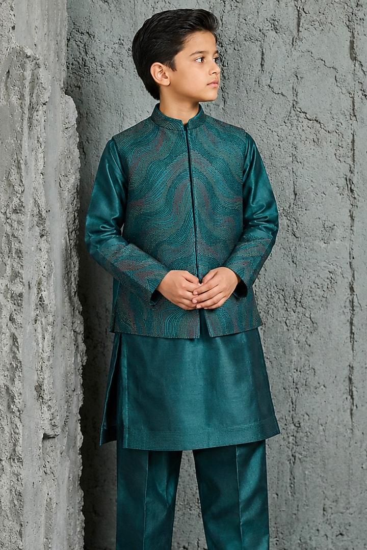 Forest Green Chanderi Silk Embroidered Nehru Jacket Set For Boys by Sarab Khanijou Kids at Pernia's Pop Up Shop
