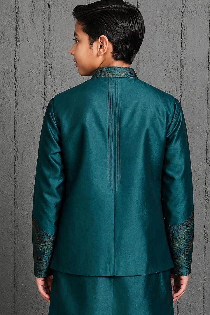Forest Green Chanderi Silk Embroidered Nehru Jacket Set For Boys by Sarab Khanijou Kids at Pernia's Pop Up Shop