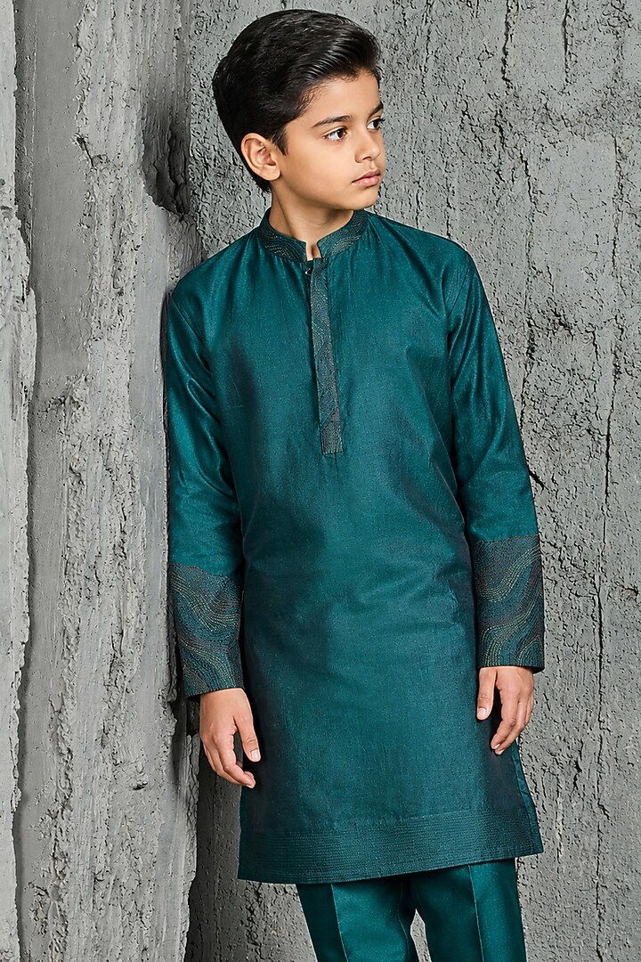 Forest Green Chanderi Silk Embroidered Nehru Jacket Set For Boys by Sarab Khanijou Kids at Pernia's Pop Up Shop