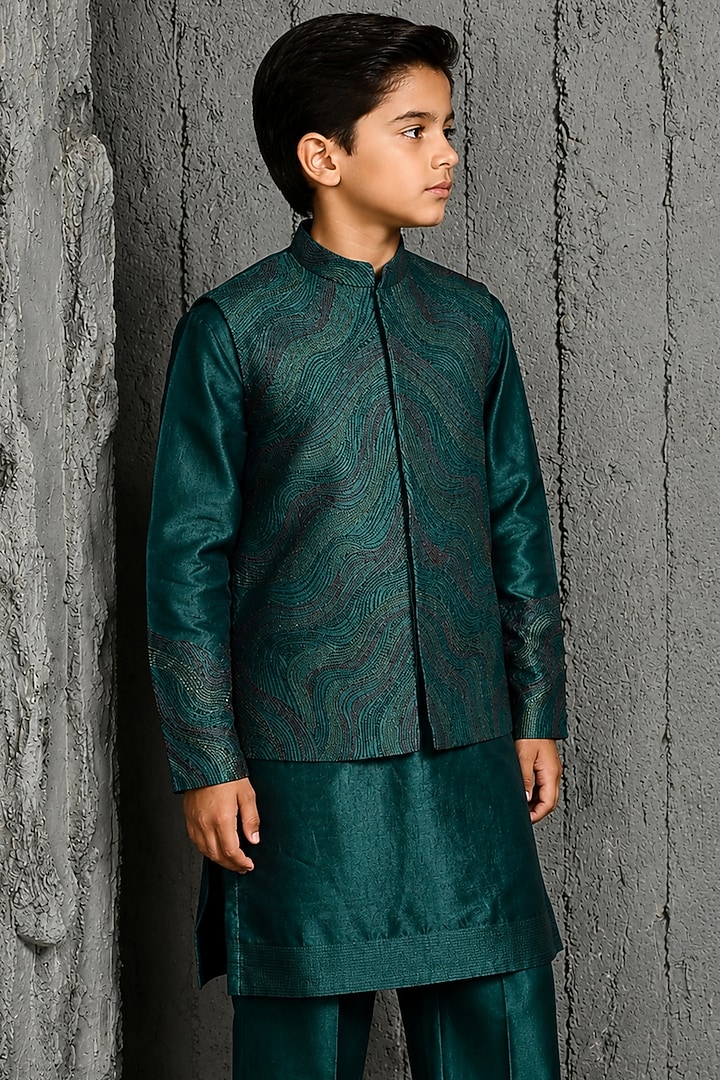 Forest Green Chanderi Silk Embroidered Nehru Jacket Set For Boys by Sarab Khanijou Kids at Pernia's Pop Up Shop