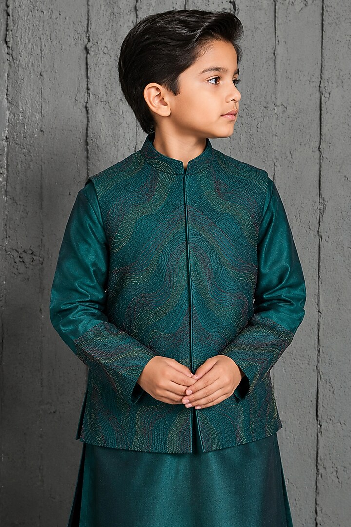 Forest Green Chanderi Silk Embroidered Nehru Jacket Set For Boys by Sarab Khanijou Kids at Pernia's Pop Up Shop