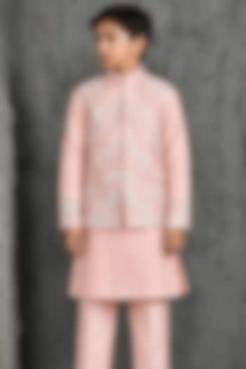 Blush Pink Chanderi Silk Embroidered Nehru Jacket Set For Boys by Sarab Khanijou Kids at Pernia's Pop Up Shop