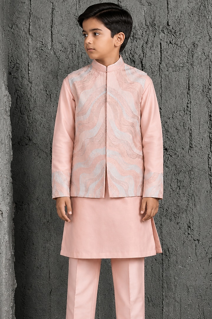 Blush Pink Chanderi Silk Embroidered Nehru Jacket Set For Boys by Sarab Khanijou Kids at Pernia's Pop Up Shop